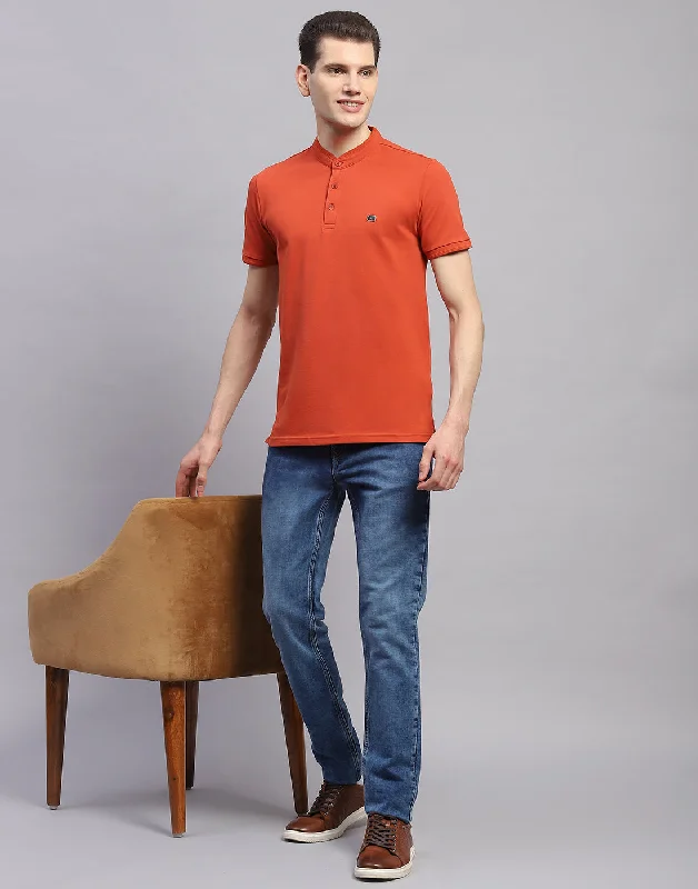 Men Orange Solid Band Collar Half Sleeve T-Shirt