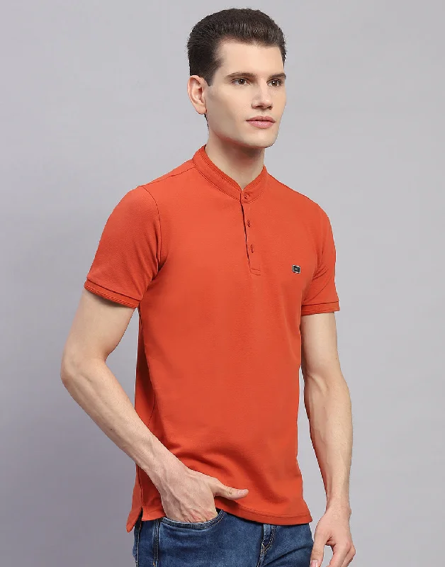 Men Orange Solid Band Collar Half Sleeve T-Shirt