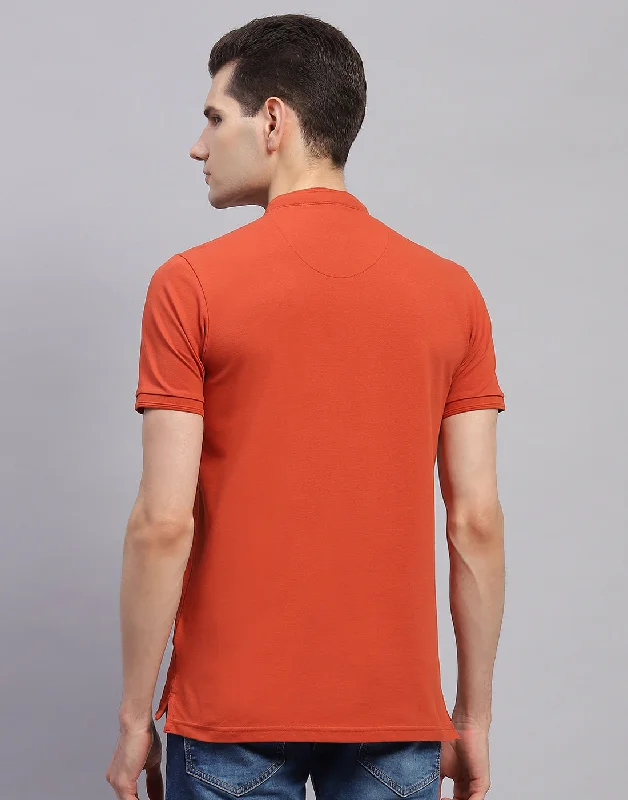 Men Orange Solid Band Collar Half Sleeve T-Shirt