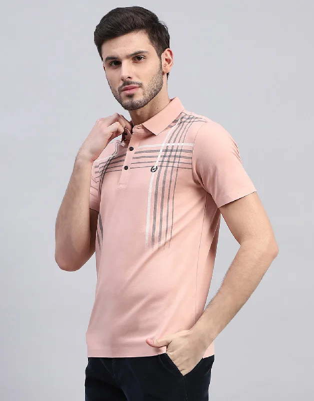 Men Peach Printed Polo Collar Half Sleeve T-Shirt