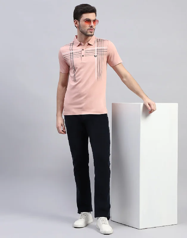 Men Peach Printed Polo Collar Half Sleeve T-Shirt