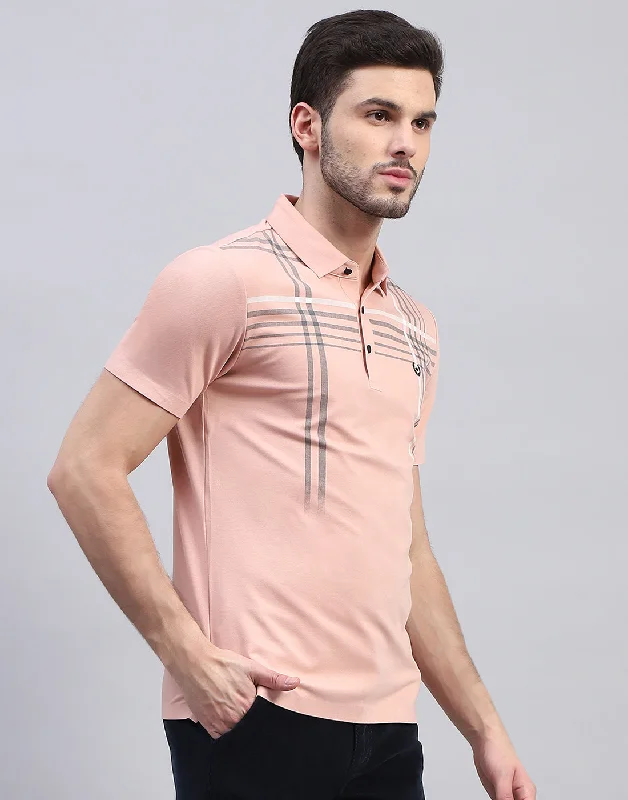 Men Peach Printed Polo Collar Half Sleeve T-Shirt