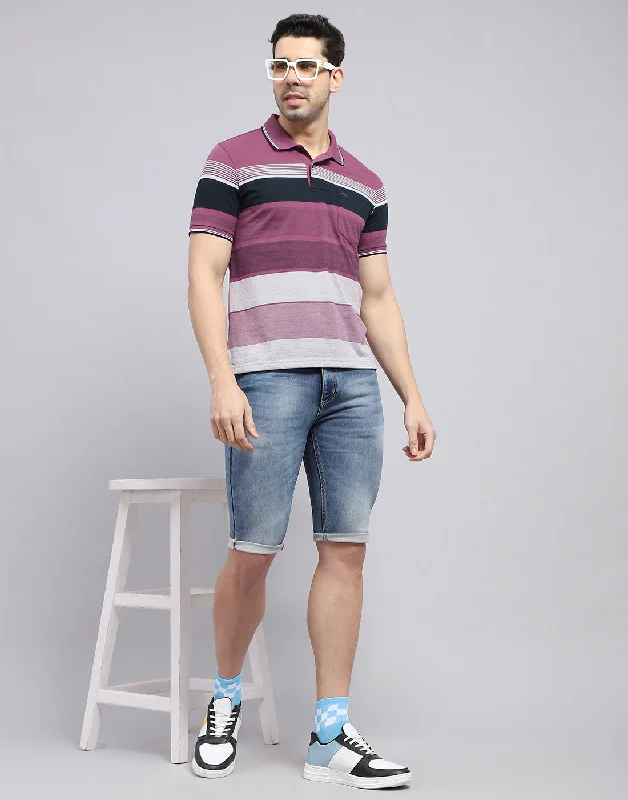 Men Purple Stripe Polo Collar Half Sleeve T-Shirt