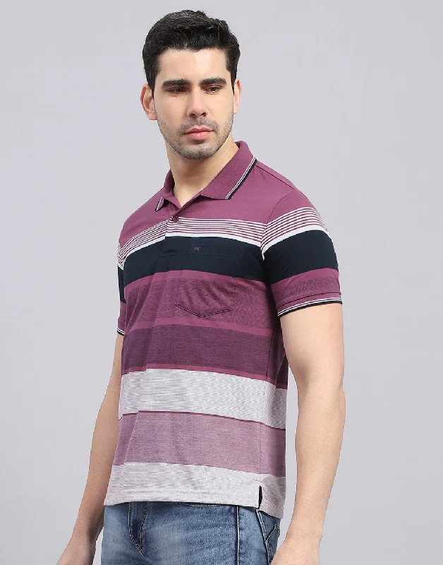 Men Purple Stripe Polo Collar Half Sleeve T-Shirt