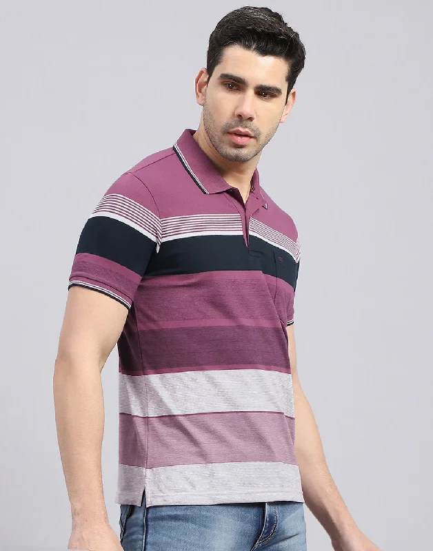 Men Purple Stripe Polo Collar Half Sleeve T-Shirt