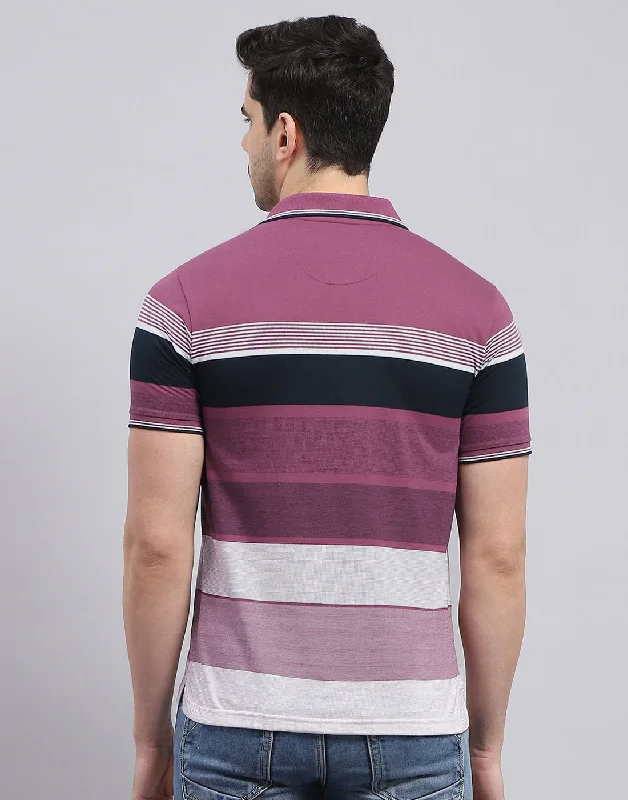 Men Purple Stripe Polo Collar Half Sleeve T-Shirt