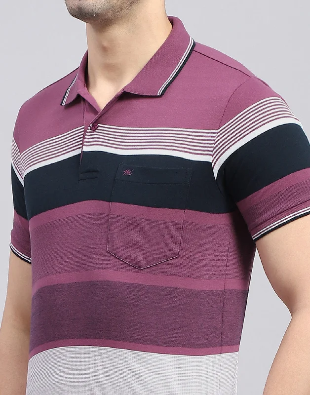 Men Purple Stripe Polo Collar Half Sleeve T-Shirt