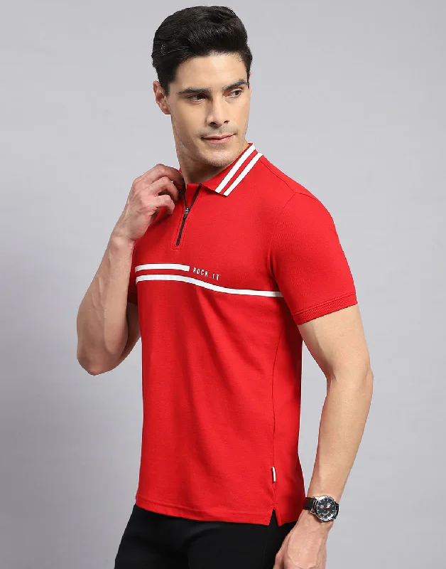 Men Red Solid Collar Half Sleeve T-Shirt