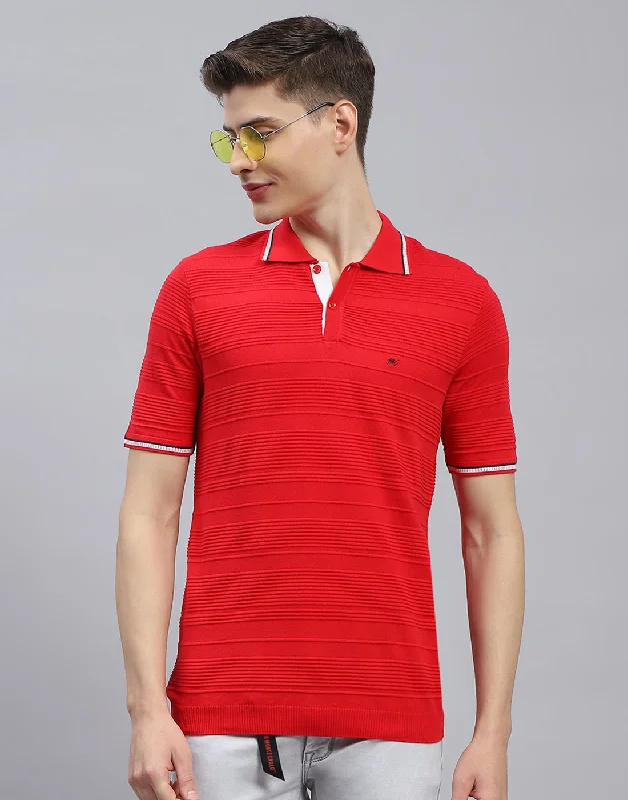 Men Red Solid Polo Collar Half Sleeve T-Shirt