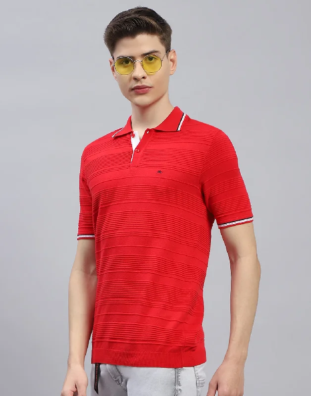 Men Red Solid Polo Collar Half Sleeve T-Shirt