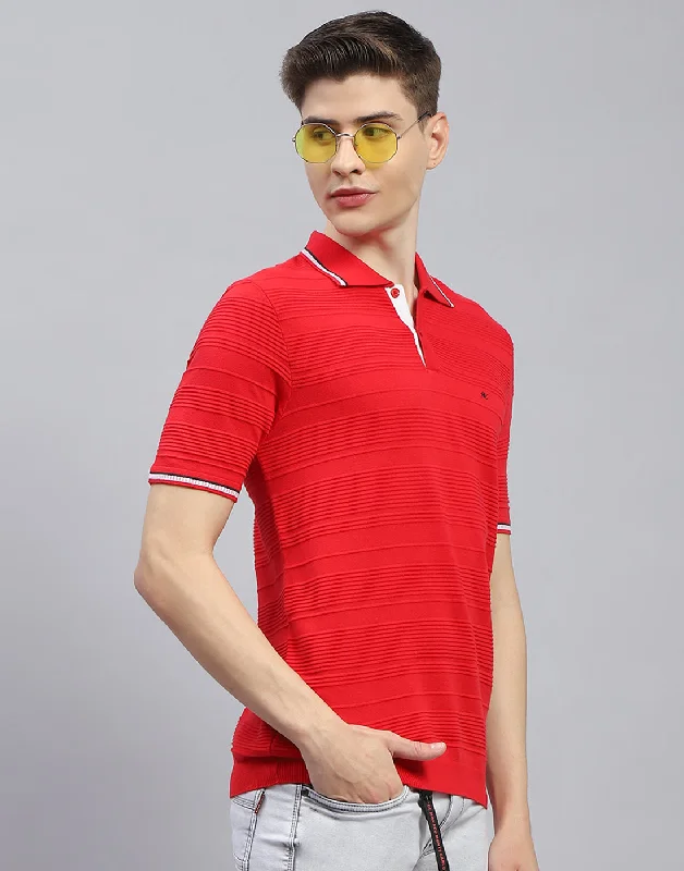 Men Red Solid Polo Collar Half Sleeve T-Shirt