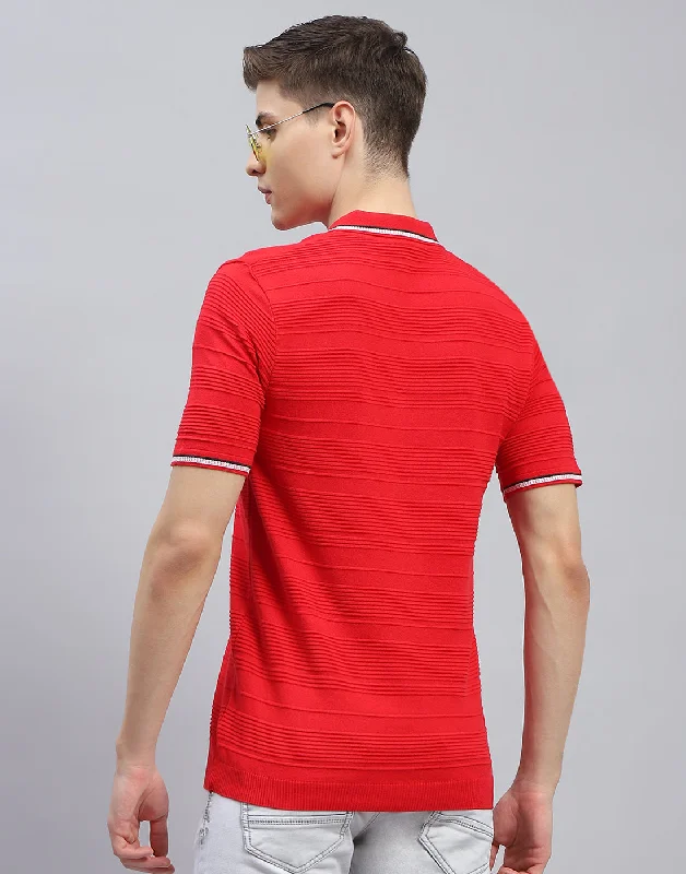 Men Red Solid Polo Collar Half Sleeve T-Shirt