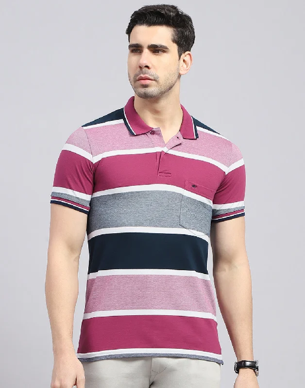 Men Red Stripe Polo Collar Half Sleeve T-Shirt