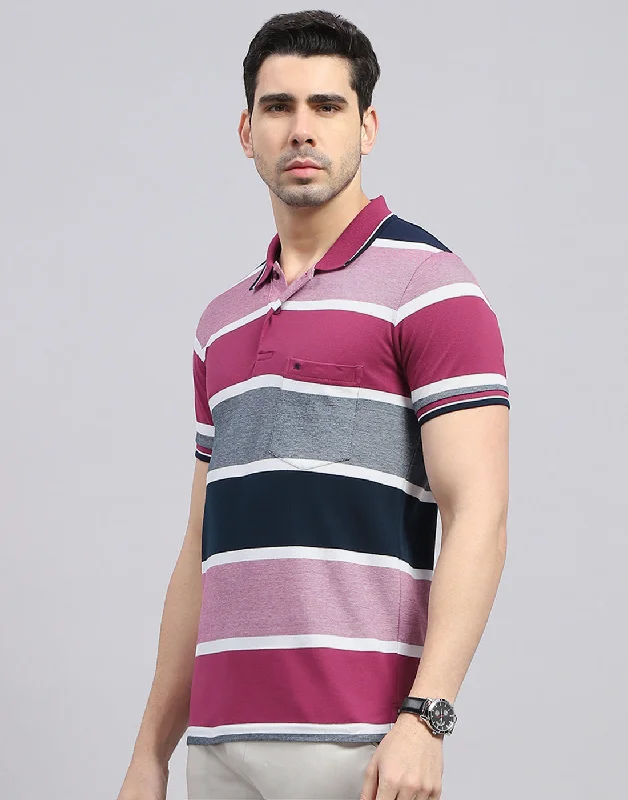 Men Red Stripe Polo Collar Half Sleeve T-Shirt