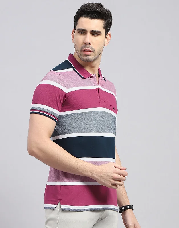 Men Red Stripe Polo Collar Half Sleeve T-Shirt