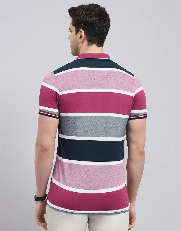 Men Red Stripe Polo Collar Half Sleeve T-Shirt