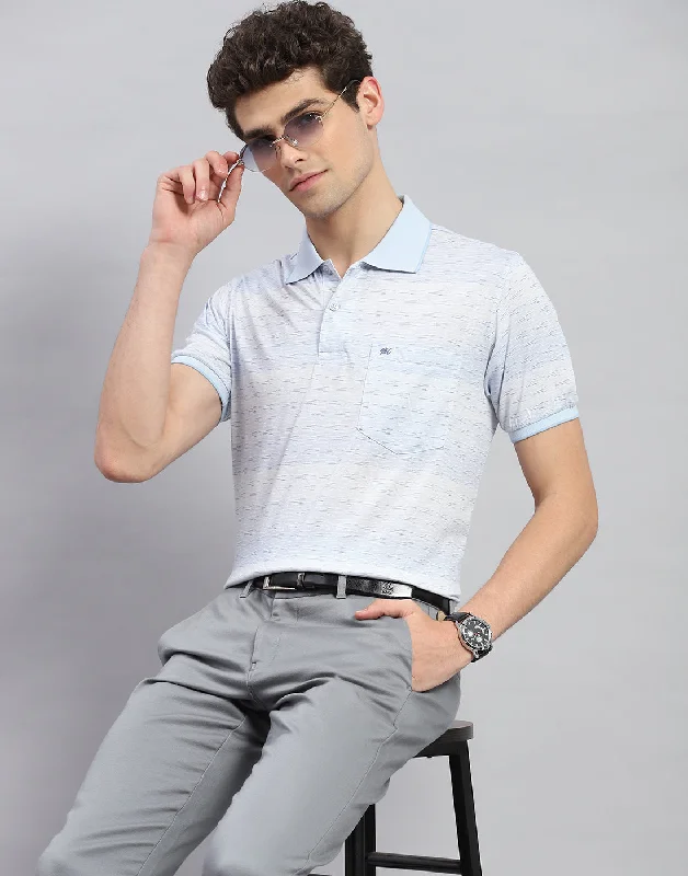 Men Sky Blue Printed Polo Collar Half Sleeve T-Shirt