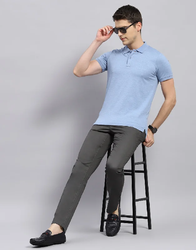 Men Sky Blue Solid Polo Collar Half Sleeve T-Shirt