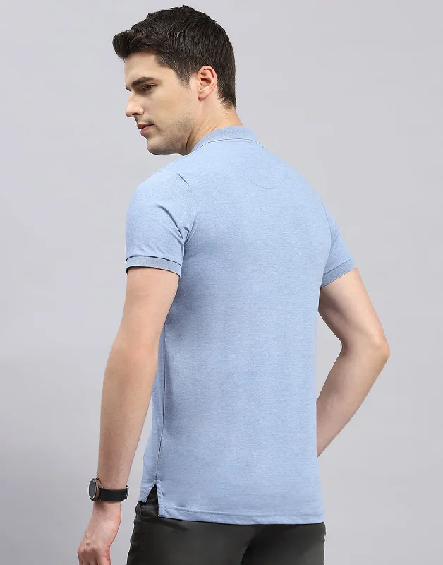 Men Sky Blue Solid Polo Collar Half Sleeve T-Shirt