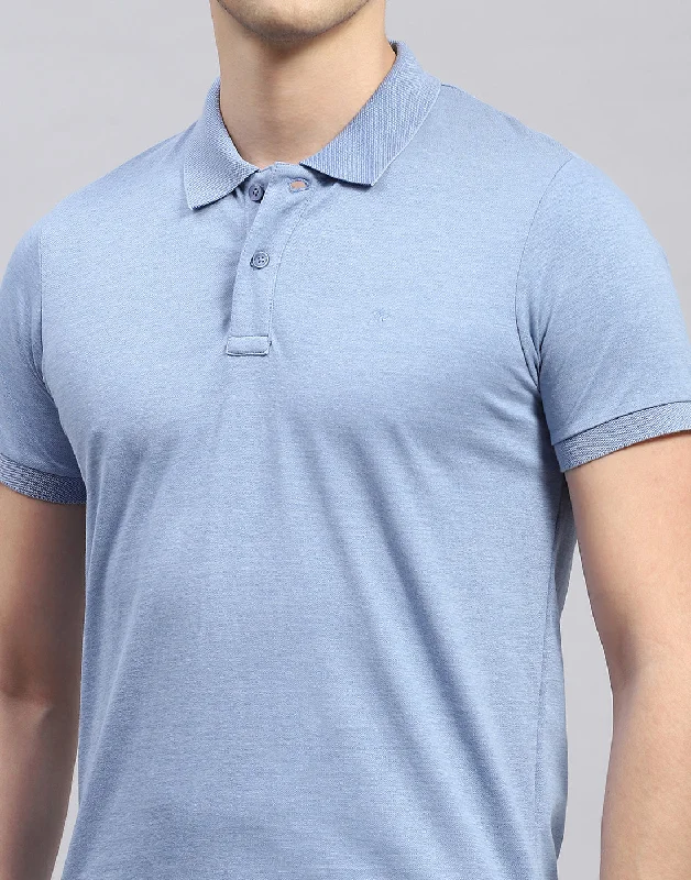 Men Sky Blue Solid Polo Collar Half Sleeve T-Shirt