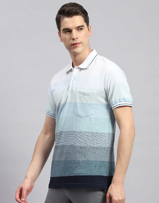 Men Sky Blue Stripe Polo Collar Half Sleeve T-Shirt