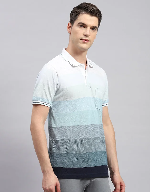 Men Sky Blue Stripe Polo Collar Half Sleeve T-Shirt