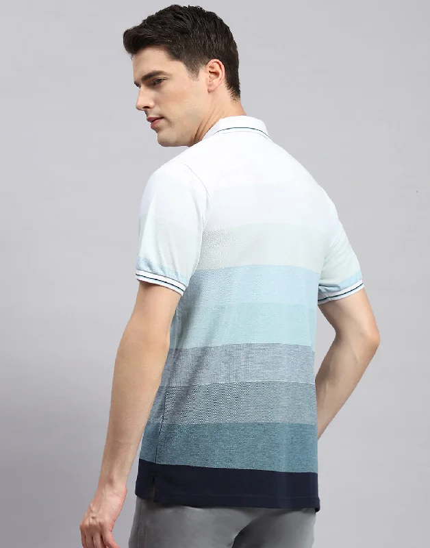 Men Sky Blue Stripe Polo Collar Half Sleeve T-Shirt