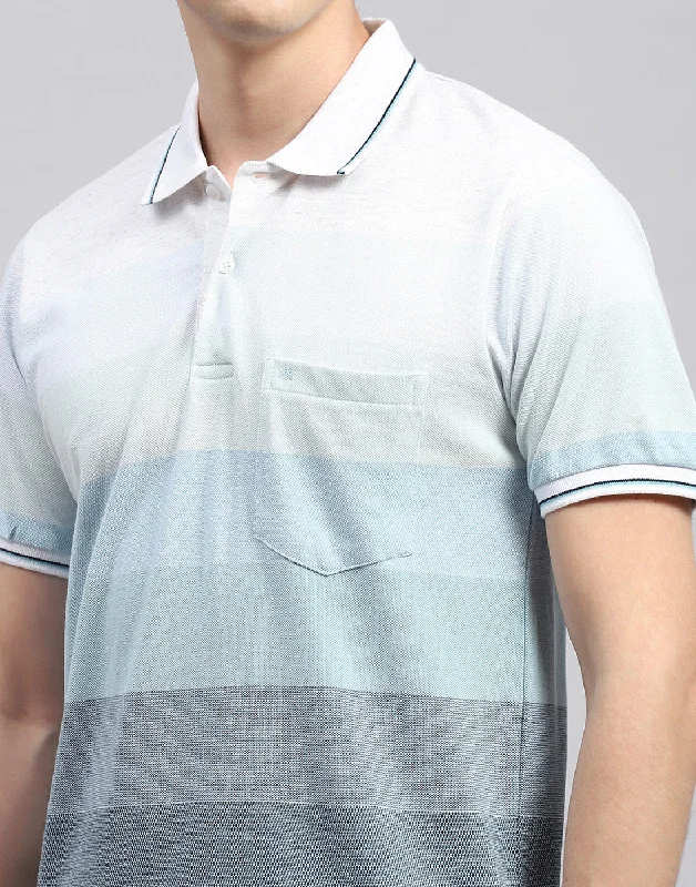 Men Sky Blue Stripe Polo Collar Half Sleeve T-Shirt