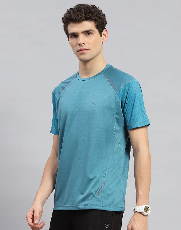 Men Teal Blue Solid Round Neck Half Sleeve T-Shirt