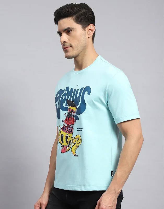 Men Turquoise Blue Printed Round Neck Half Sleeve T-Shirt