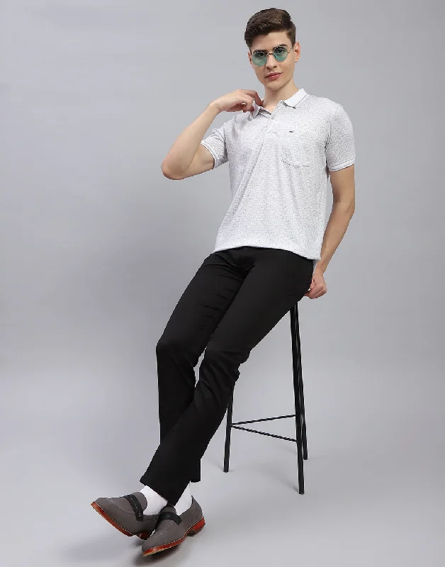 Men White Printed Polo Collar Half Sleeve T-Shirt