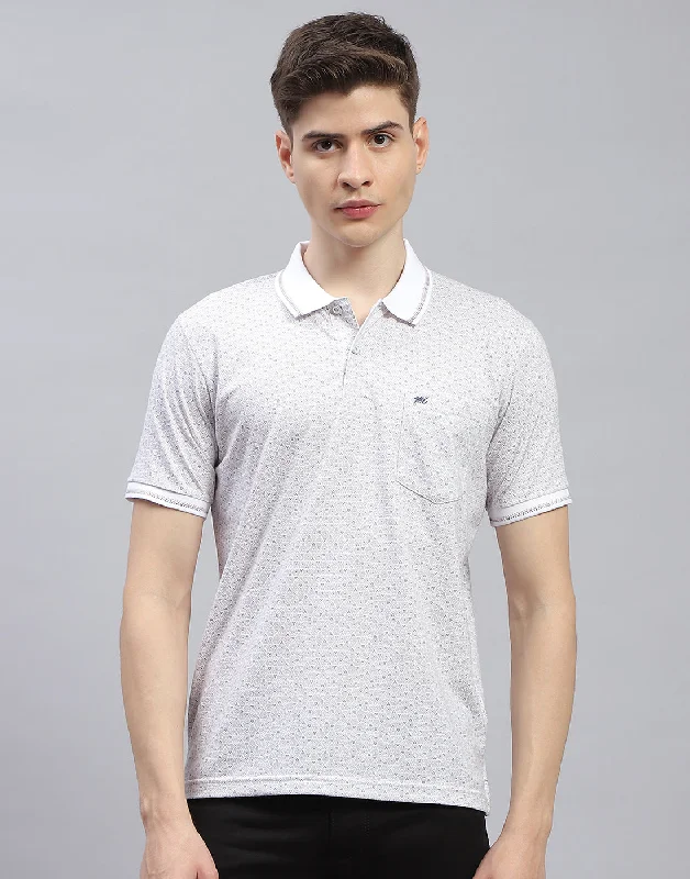 Men White Printed Polo Collar Half Sleeve T-Shirt