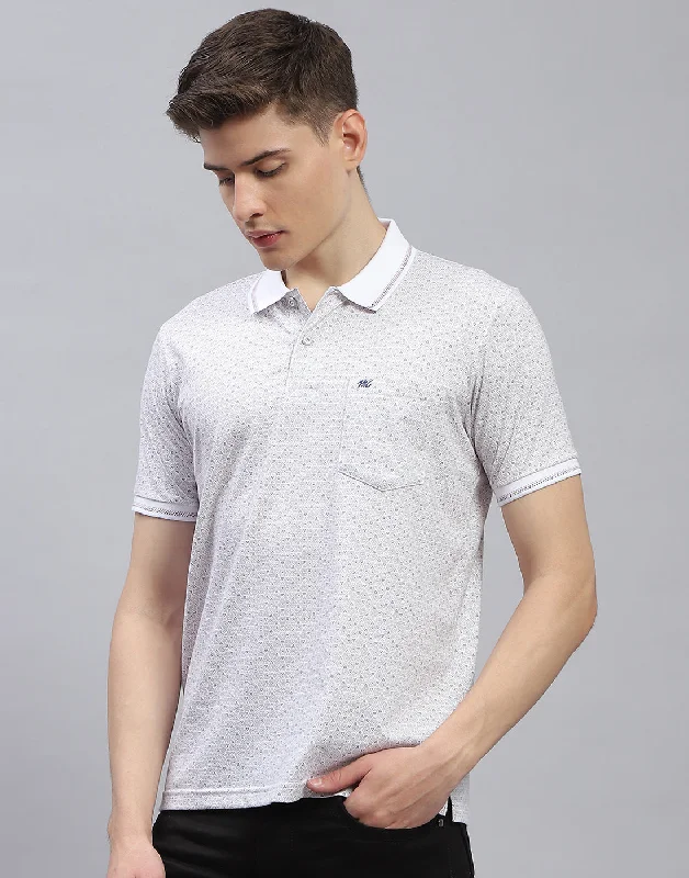 Men White Printed Polo Collar Half Sleeve T-Shirt