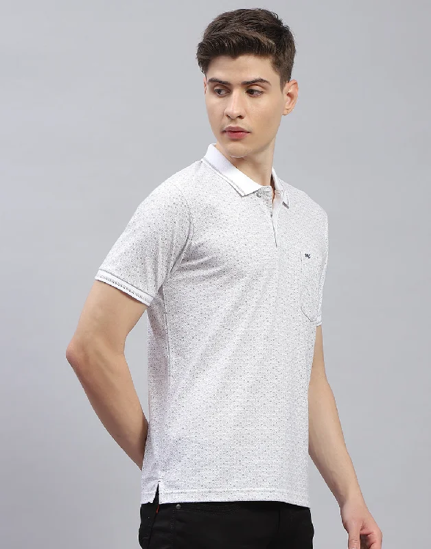 Men White Printed Polo Collar Half Sleeve T-Shirt