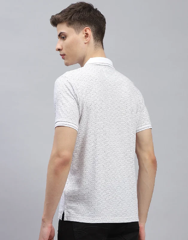 Men White Printed Polo Collar Half Sleeve T-Shirt