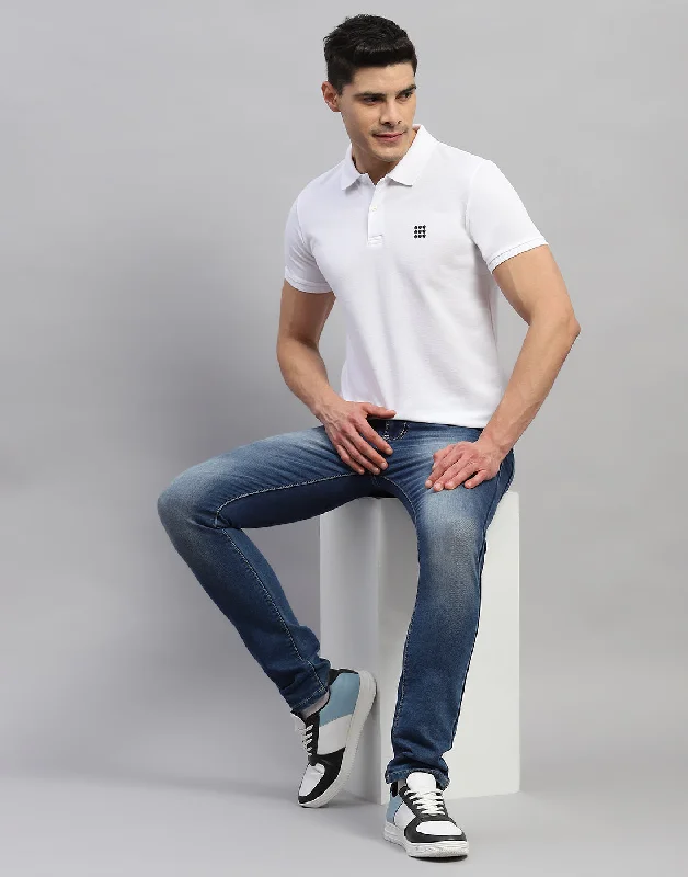 Men White Solid Polo Collar Half Sleeve T-Shirt