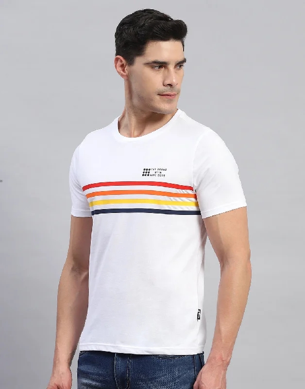 Men White Stripe Round Neck Half Sleeve T-Shirt