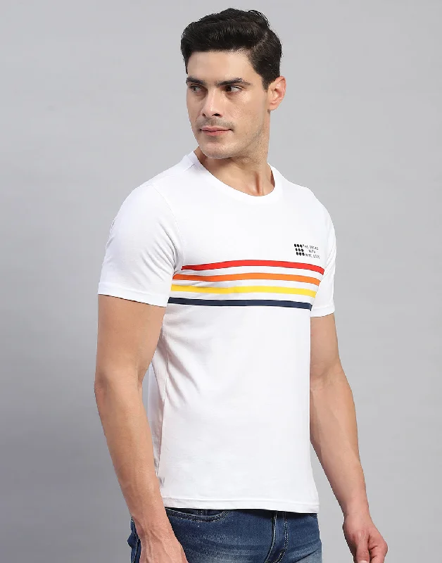 Men White Stripe Round Neck Half Sleeve T-Shirt