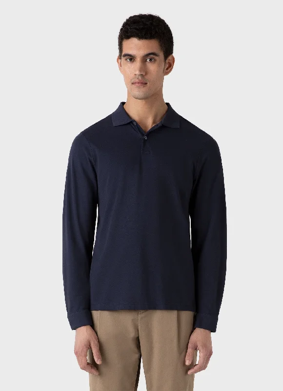 Men's Long Sleeve Piqué Polo Shirt in Navy