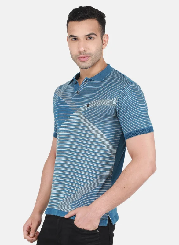 Men Blue Self Design T-Shirt