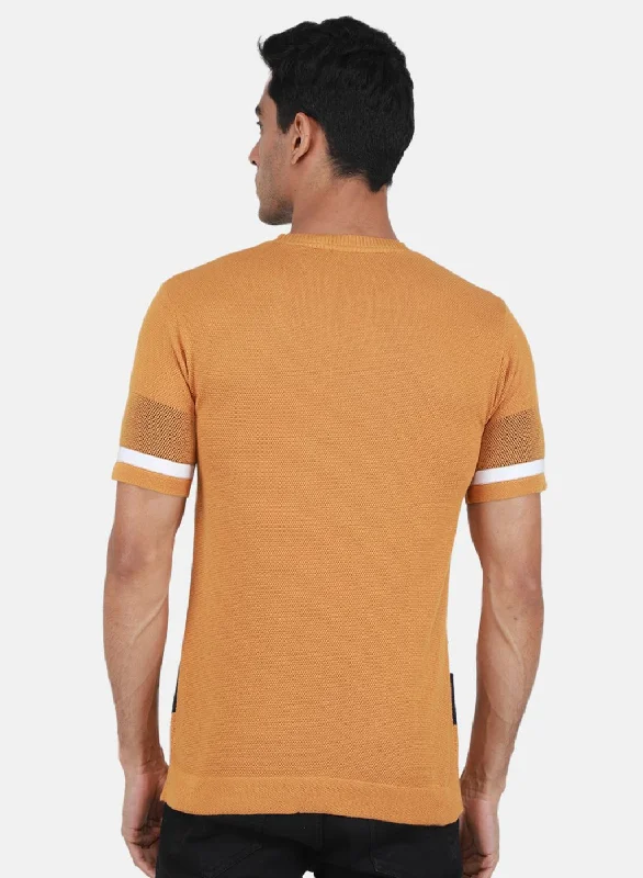 Men Mustard Self Design T-Shirt