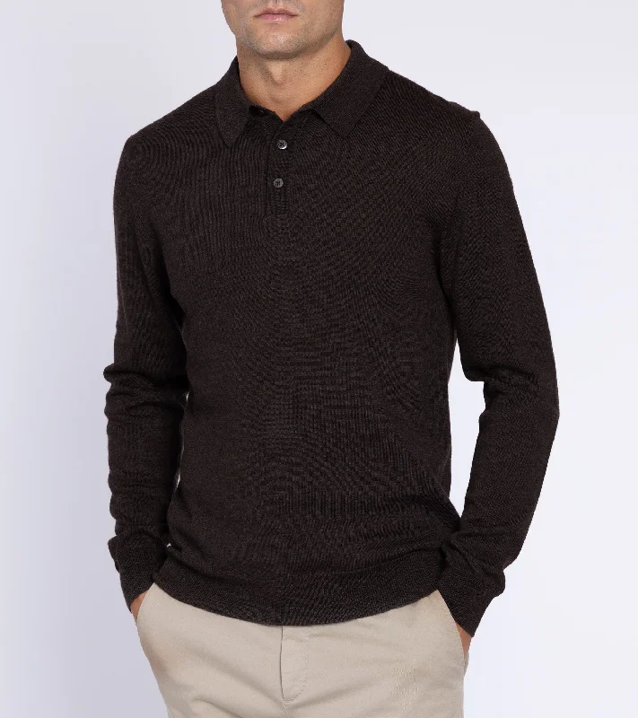 Trunk Enford Merino Knit Long Sleeve Polo Shirt: Mole Brown