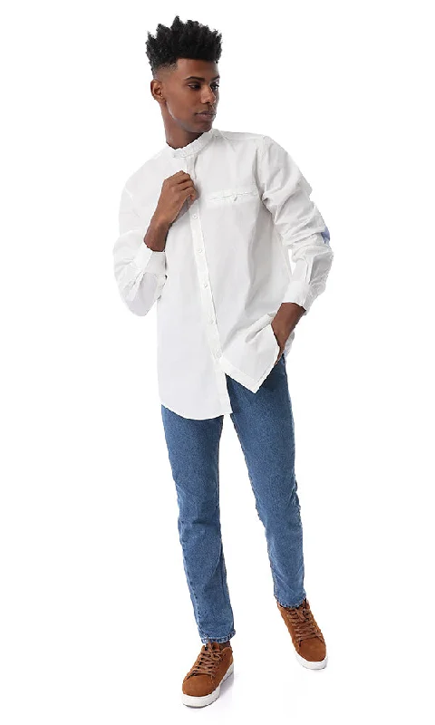 35683 Mandarin Buttoned Collar Soft Cotton Shirt Off White