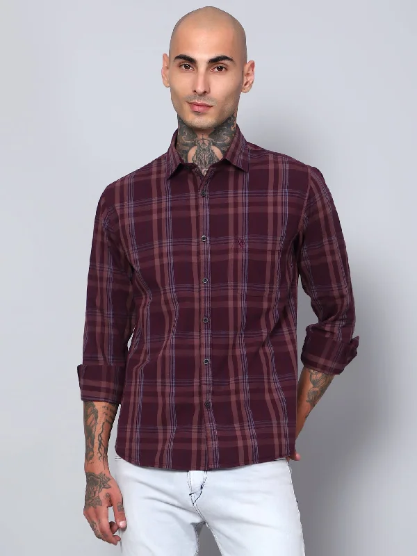 Cantabil Men Maroon Checkered Full Sleeves Casual Shirt