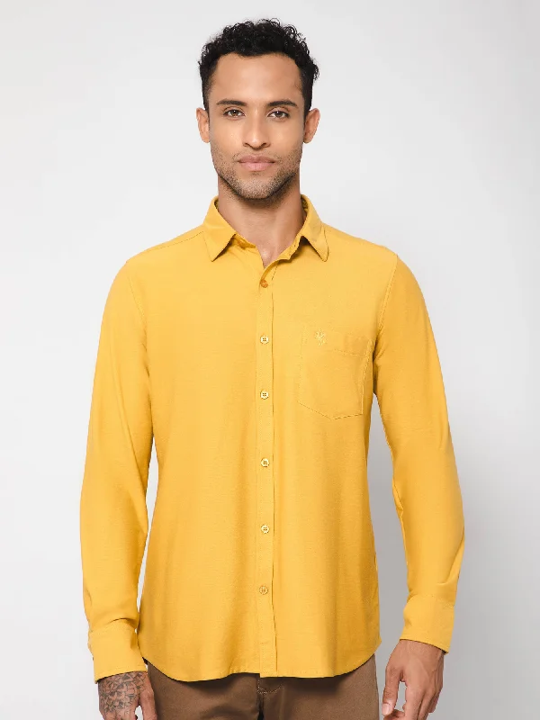 Cantabil Cotton Blend Mustard Solid Full Sleeve Casual Shirt for Men with Pocket