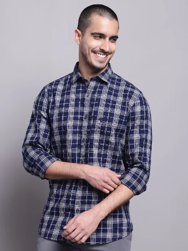 Cantabil Cotton Checkered Navy Blue Full Sleeve Casual Shirt for Men with Pocket