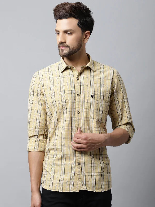 Cantabil Cotton Checkered Yellow Full Sleeve Casual Shirt for Men with Pocket