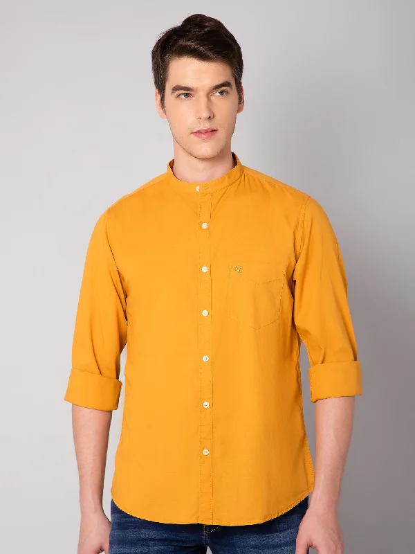 Cantabil Cotton Solid Yellow Full Sleeve Casual Shirt for Men with Pocket