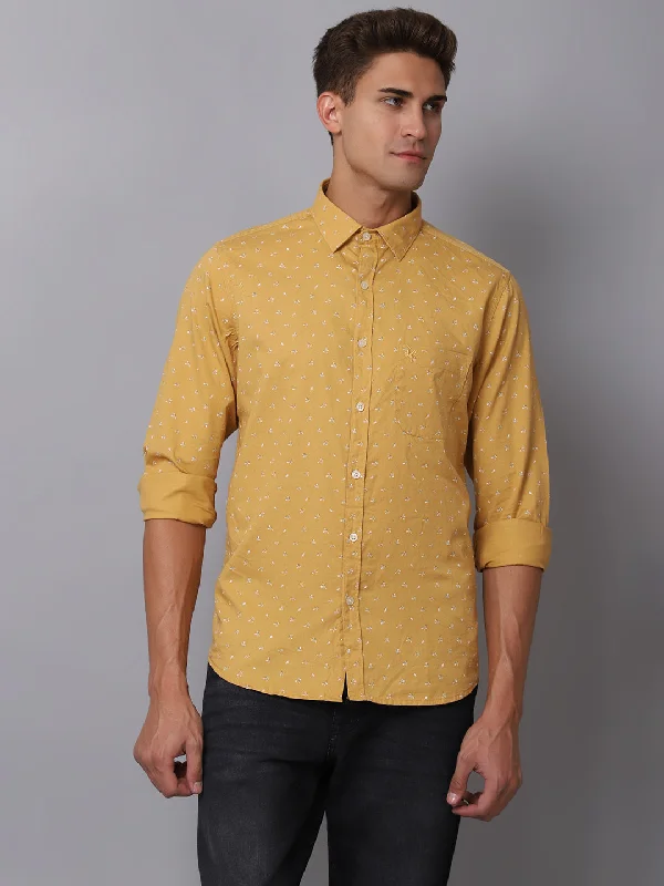 Cantabil Cotton Printed Mustard Full Sleeve Casual Shirt for Men with Pocket