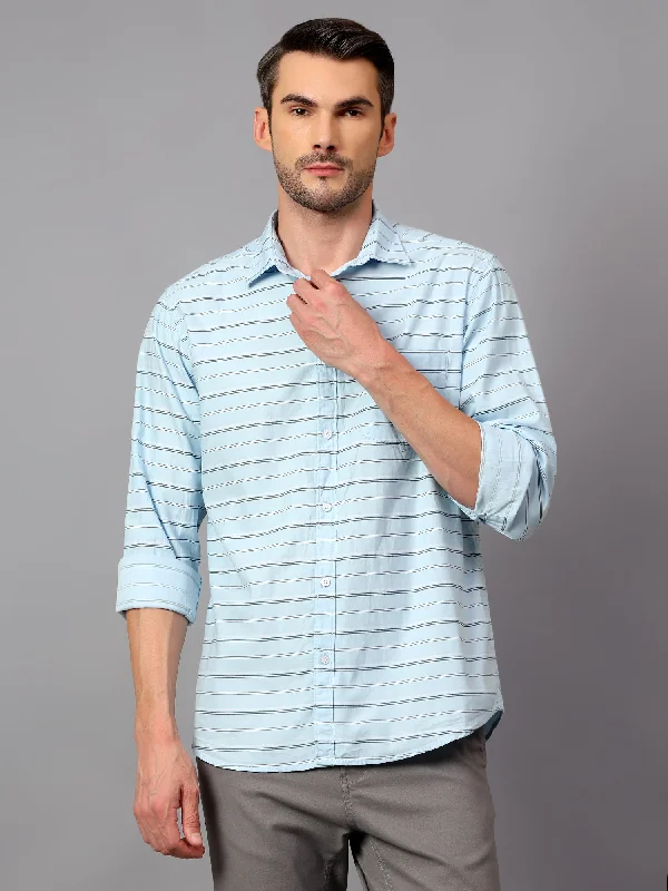 Cantabil Men's Sky Blue Striped Full Sleeve Casual Shirt